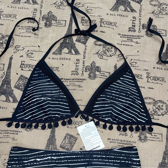 COCOSHIP Striped High Waist Bikini Set Tassel Trim Top Halter Straps Swimsuit - Picture 9 of 16